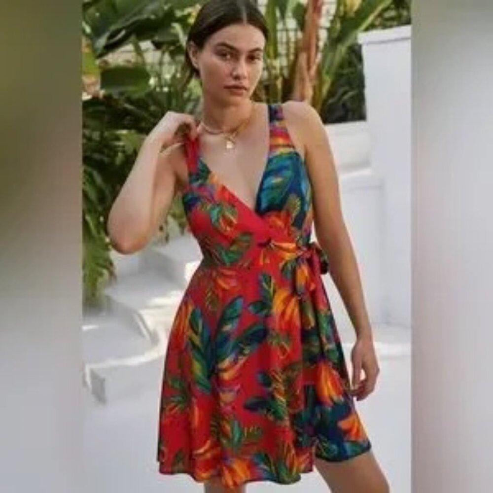 Anthropologie FARM Rio Colorful Tropical Cover Up Wrap Dress Size M